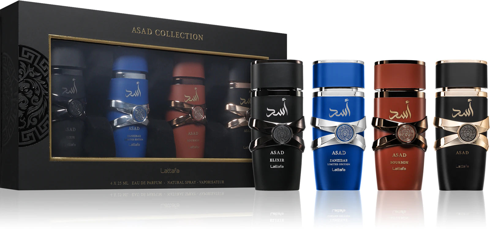 Cofret Asad Lattafa 4 Versões (Bourbon, Elixir, Zanzibar e Asad Parfum)